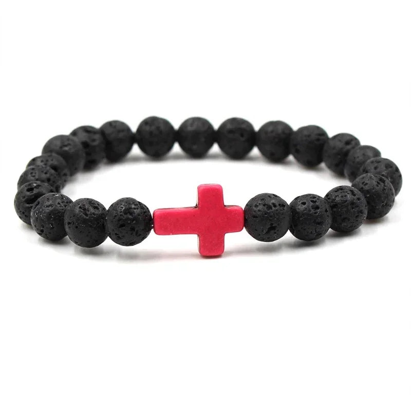 Handmade Natural Stone Cross Black Lava Beaded Strand Bracelet