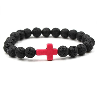 Handmade Natural Stone Cross Black Lava Beaded Strand Bracelet