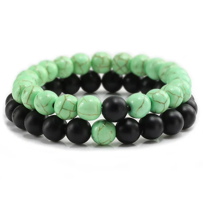 2Pcs/1Set Black White Beaded Natural Stone Couples Bracelet Charm Bracelets