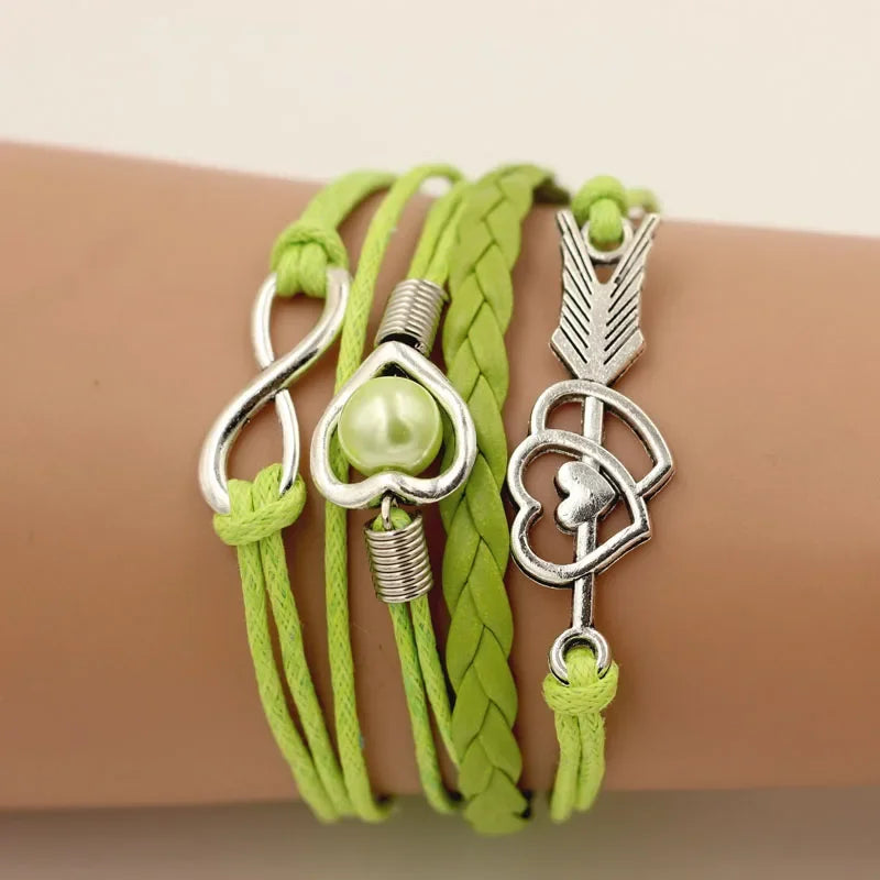 Infinity Love Heart Pearl Friendship Antique Leather Charm Bracelet