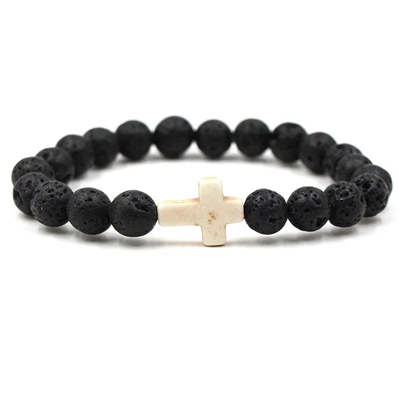 Handmade Natural Stone Cross Black Lava Beaded Strand Bracelet