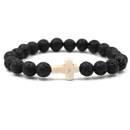 Handmade Natural Stone Cross Black Lava Beaded Strand Bracelet