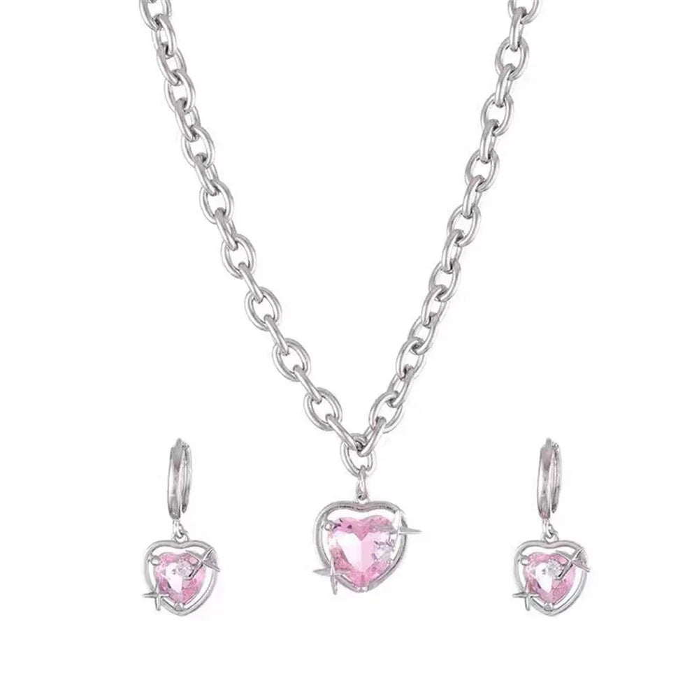 Goth Harajuku Pink Peach Heart Pendant Necklaces & Earrings Set