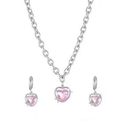 Goth Harajuku Pink Peach Heart Pendant Necklaces & Earrings Set