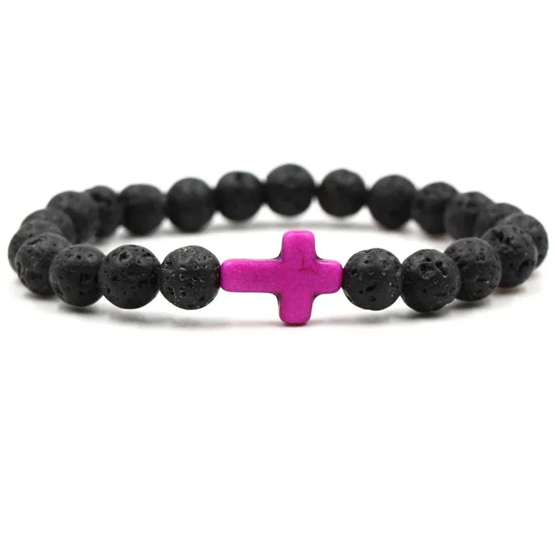 Handmade Natural Stone Cross Black Lava Beaded Strand Bracelet