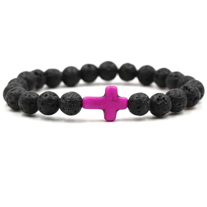 Handmade Natural Stone Cross Black Lava Beaded Strand Bracelet