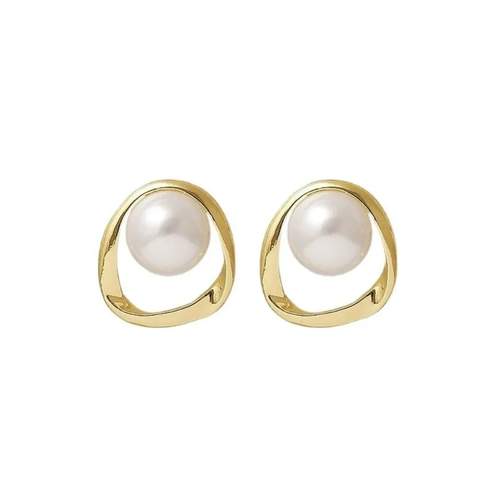 Gold Color Delicate Irregular Design Unusual Imitation Pearl Round Stud Earrings
