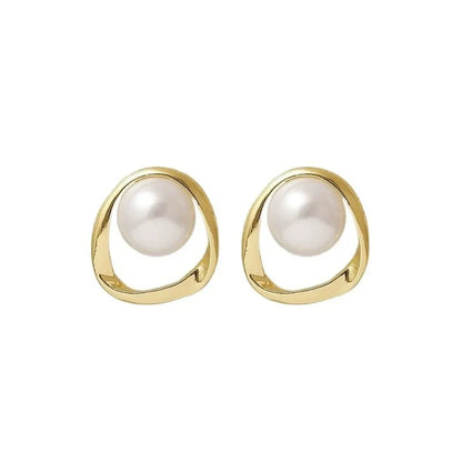 Gold Color Delicate Irregular Design Unusual Imitation Pearl Round Stud Earrings