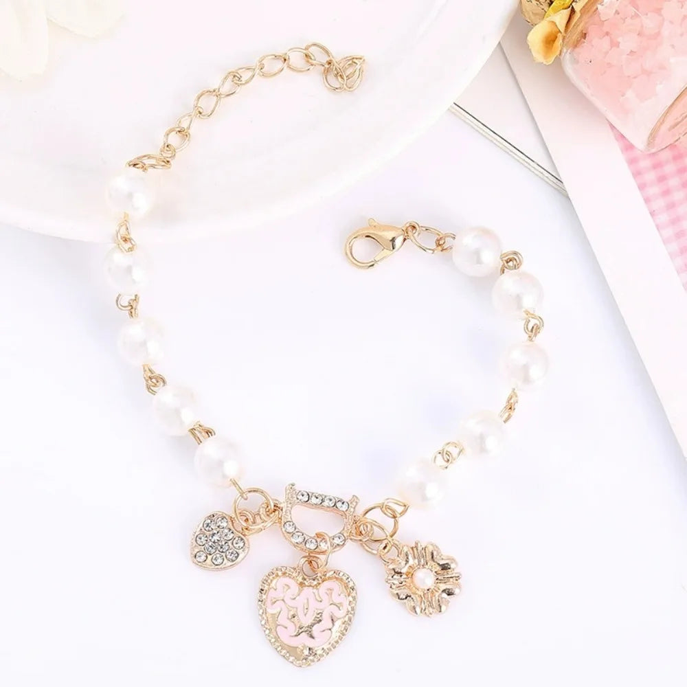 Heart Flower Simulated Pearl Crystal D Letter Beaded Bracelet