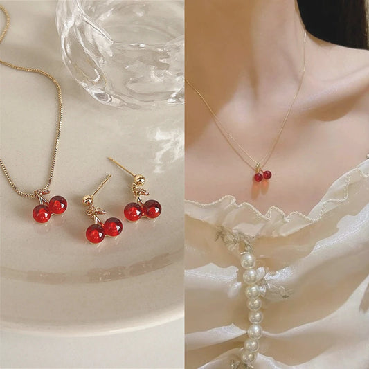 Little Wine Red Cherry Pendant Necklaces And Fruit Golden Drop Earrings Set