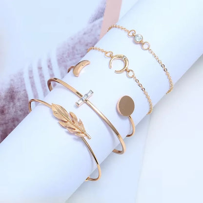 5Pcs Punk Chain Moon Leaf Crystal Geometry Open Bracelet Set