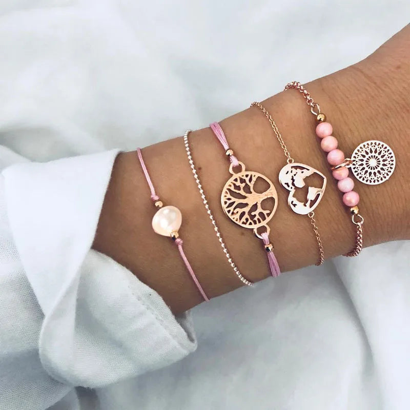 Bohemian Handmade Weave Heart Long Tassel Bracelet Sets