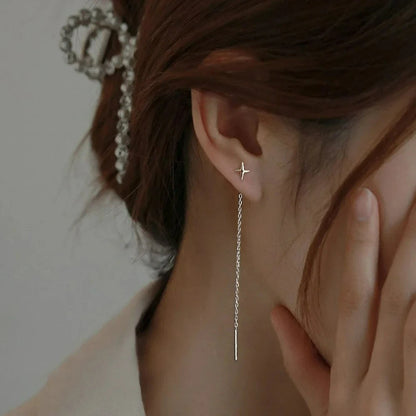 Long Wire Tassel Thread Chain Star & Heart Beads Drop Earrings