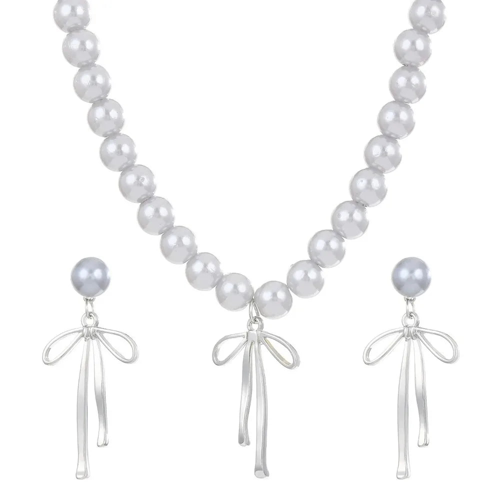 Bowknot Pendant Choker Necklace and Earrings with Gray Pearls Set