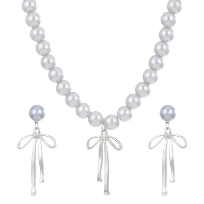 Bowknot Pendant Choker Necklace and Earrings with Gray Pearls Set