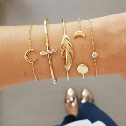 5Pcs Punk Chain Moon Leaf Crystal Geometry Open Bracelet Set