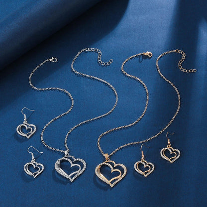 Exquisite Double Heart Necklace Earrings Jewelry Set