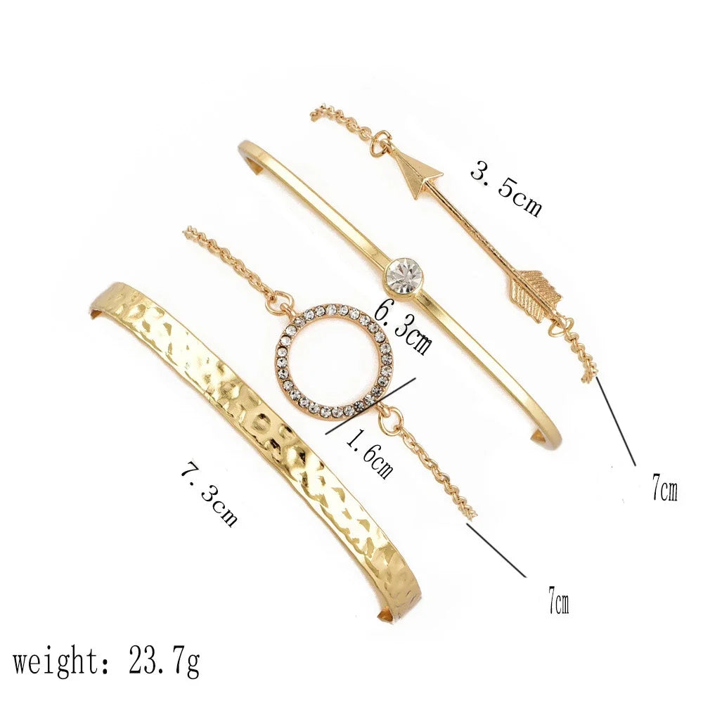 5Pcs Punk Chain Moon Leaf Crystal Geometry Open Bracelet Set