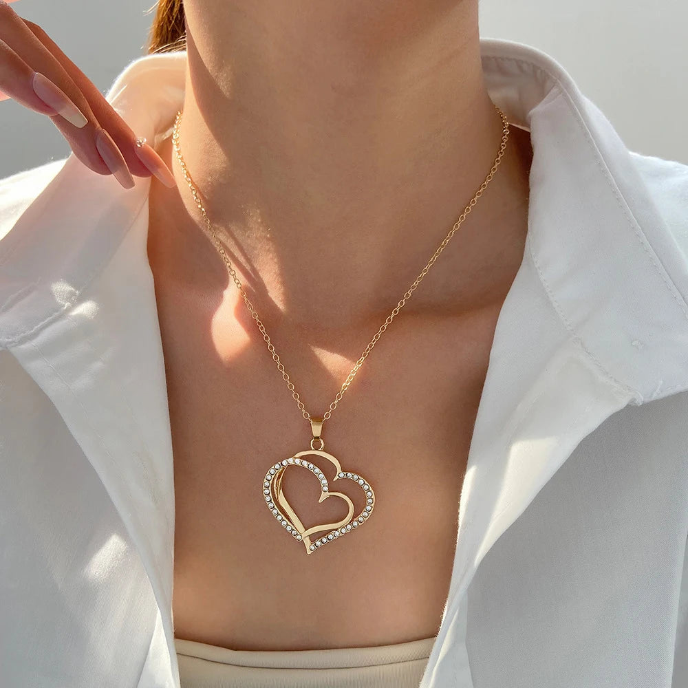 Exquisite Double Heart Necklace Earrings Jewelry Set