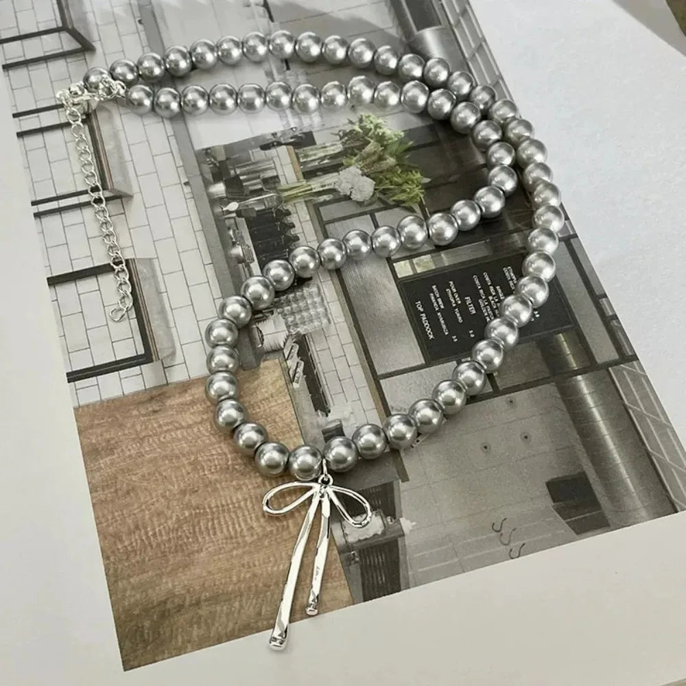 Bowknot Pendant Choker Necklace and Earrings with Gray Pearls Set