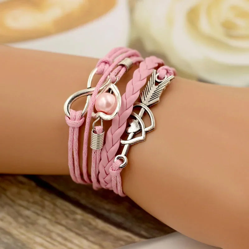 Infinity Love Heart Pearl Friendship Antique Leather Charm Bracelet