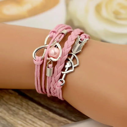 Infinity Love Heart Pearl Friendship Antique Leather Charm Bracelet