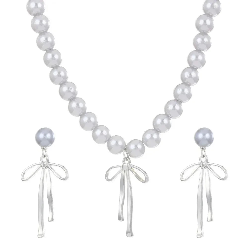 Bowknot Pendant Choker Necklace and Earrings with Gray Pearls Set