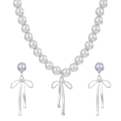 Bowknot Pendant Choker Necklace and Earrings with Gray Pearls Set