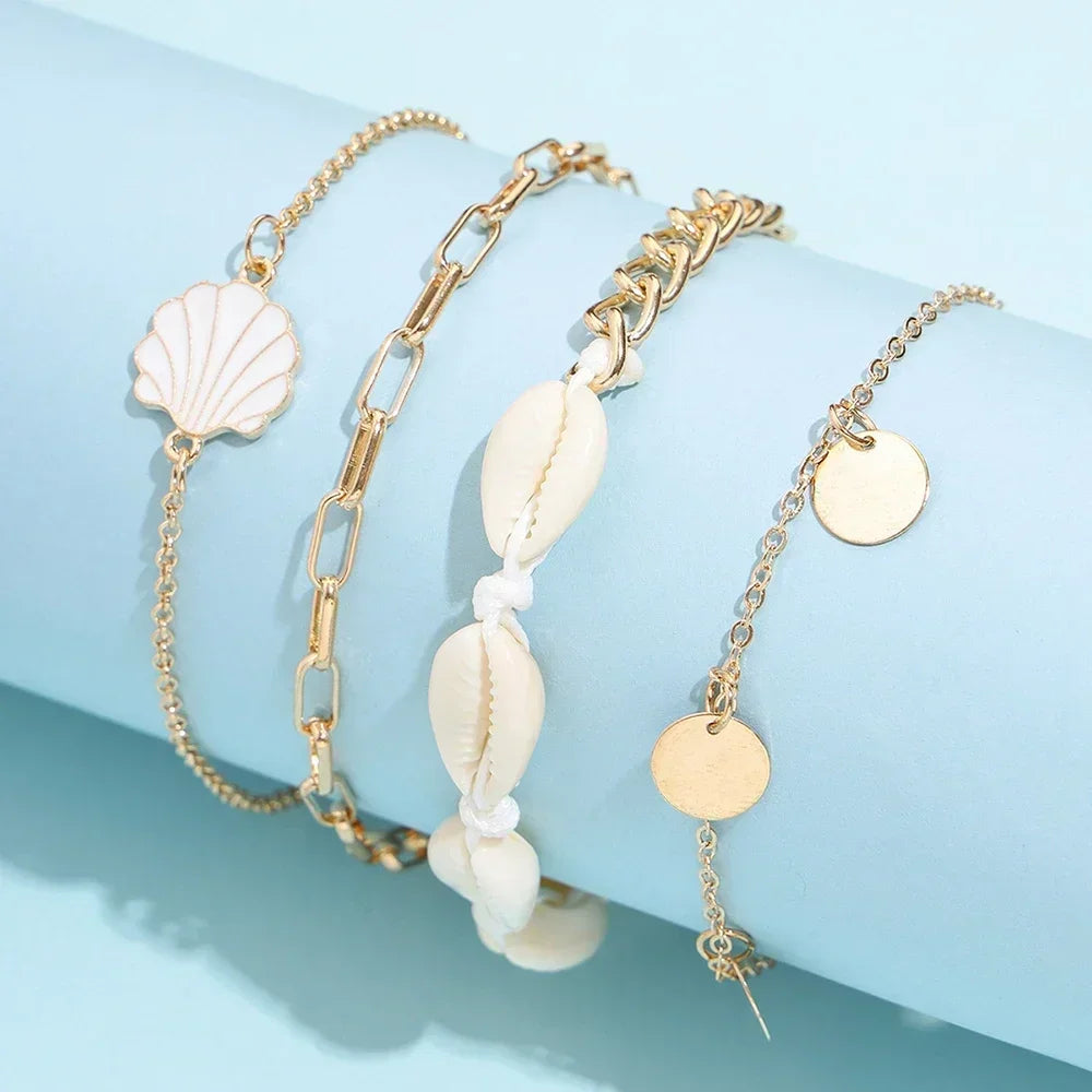 4 Pieces Bohemian Shell Chain Sequins Ankle Bracelet Set