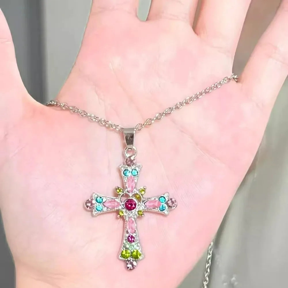 Y2k Crystal Pink Zircon Cross Pendant Necklace
