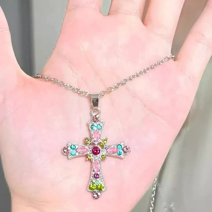 Y2k Crystal Pink Zircon Cross Pendant Necklace