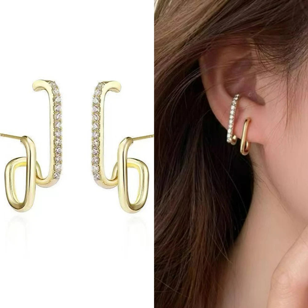 Irregular U-shaped Korean Luxury Crystal Gold Color Earrings