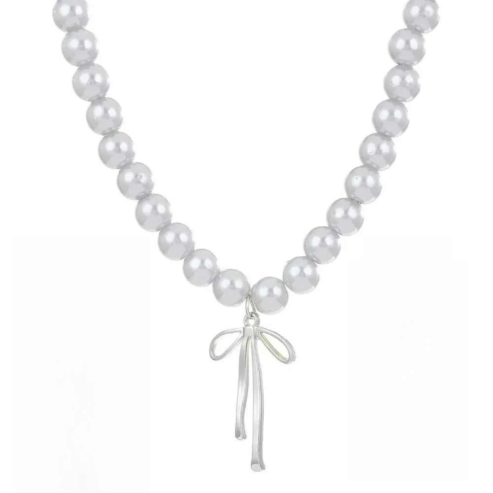 Bowknot Pendant Choker Necklace and Earrings with Gray Pearls Set