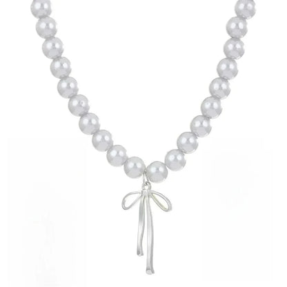 Bowknot Pendant Choker Necklace and Earrings with Gray Pearls Set
