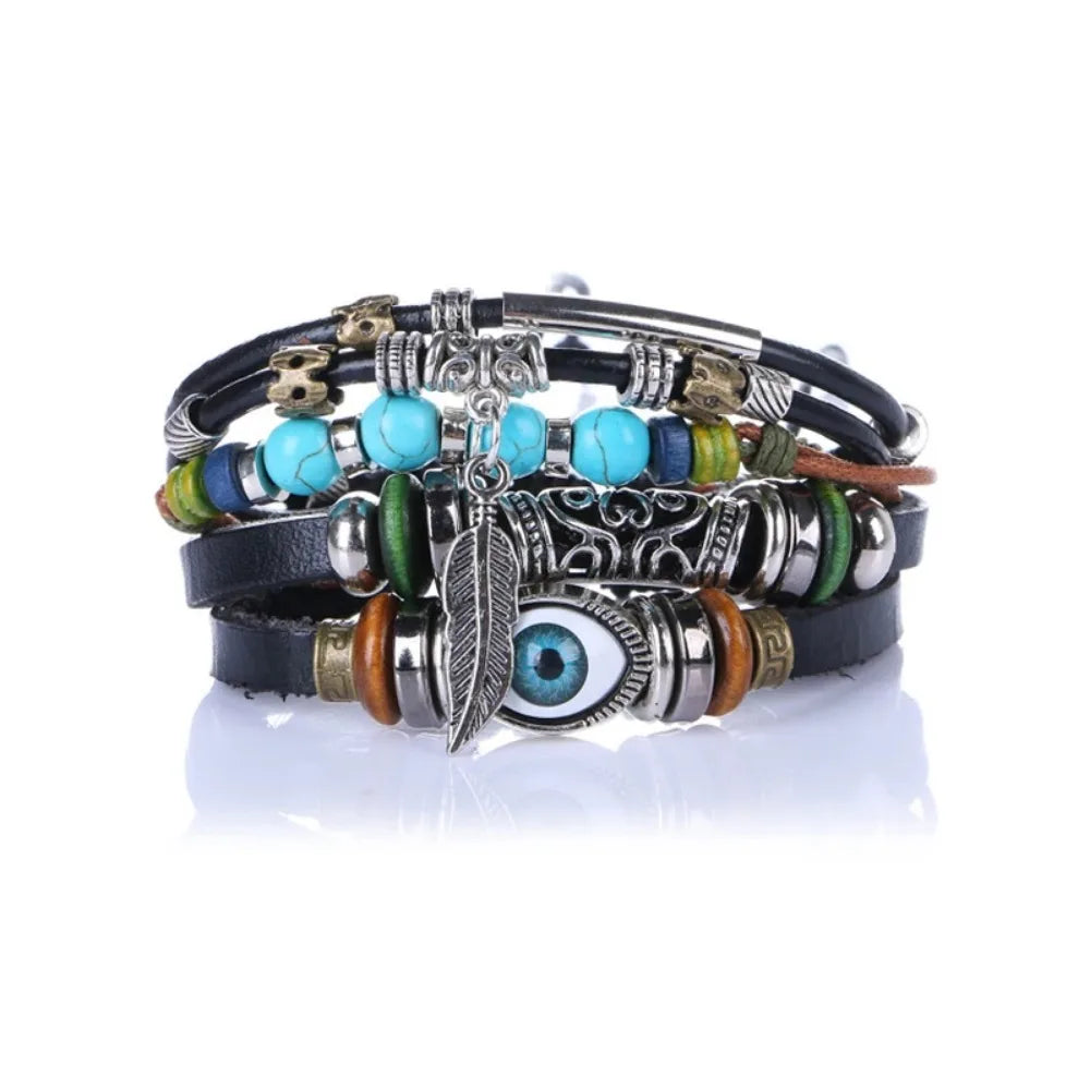 Tibet Stone Feather Multilayer Leather Charm Bracelet