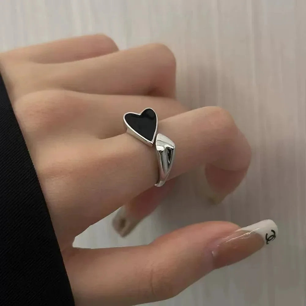 Two-color Black Heart Minimalist Aesthetic Drop Of Oil Open Ring