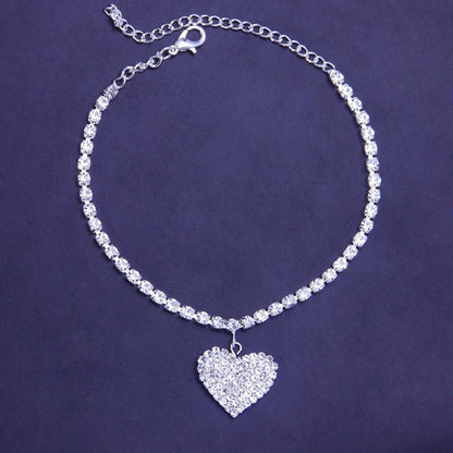 Rhinestone Heart Pendant Chain Anklet