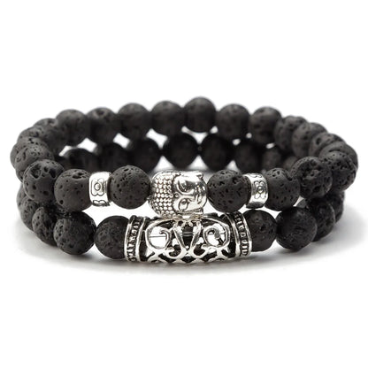 2pcs/Set Black Lava Stone Prayer Beads Buddha Men Bead Bracelet
