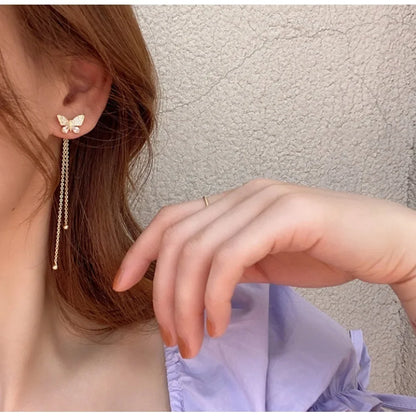 Exquisite Butterfly Long Tassel Rhinestone Earrings