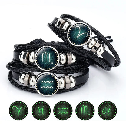12 Constellation Luminous Leather Charms Bracelet