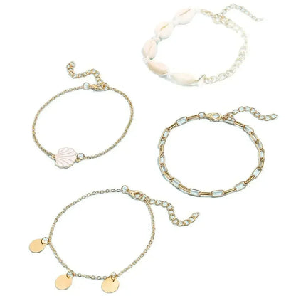 4 Pieces Bohemian Shell Chain Sequins Ankle Bracelet Set
