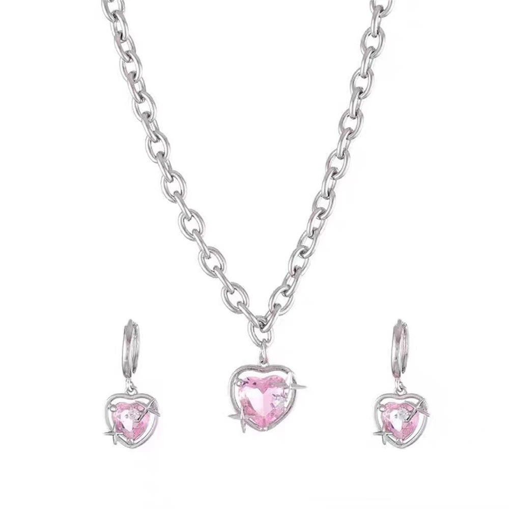 Goth Harajuku Pink Peach Heart Pendant Necklaces & Earrings Set