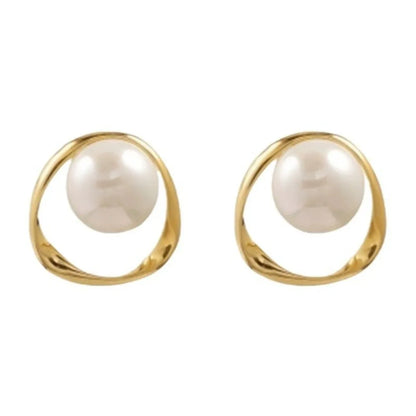 Gold Color Delicate Irregular Design Unusual Imitation Pearl Round Stud Earrings