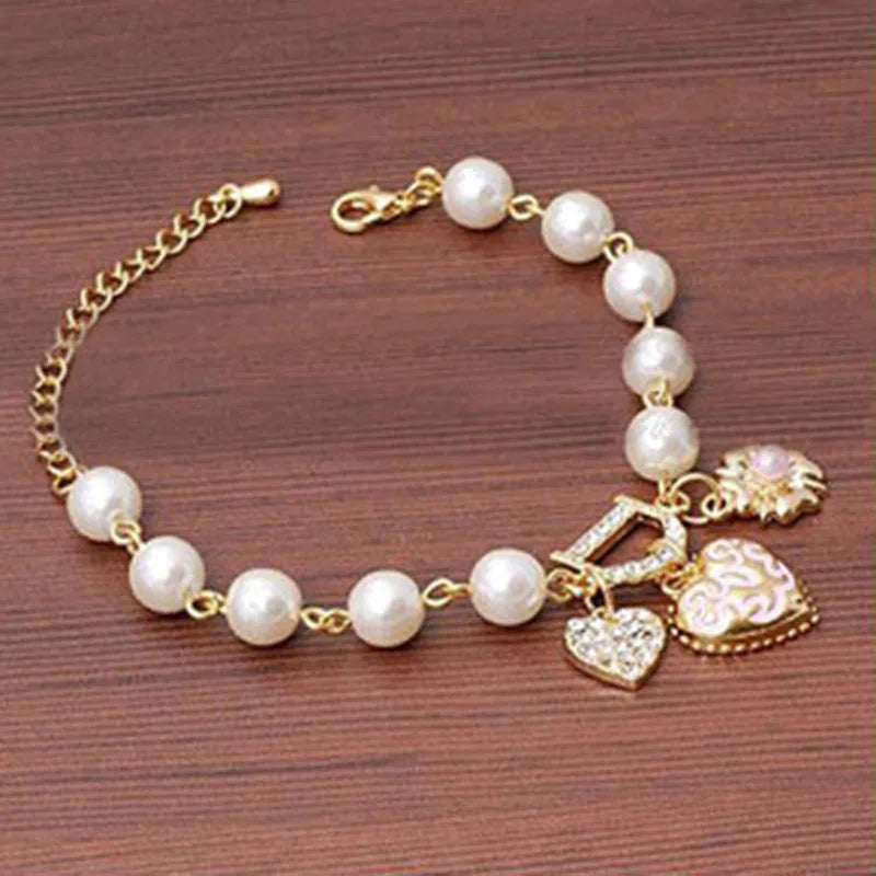 Heart Flower Simulated Pearl Crystal D Letter Beaded Bracelet