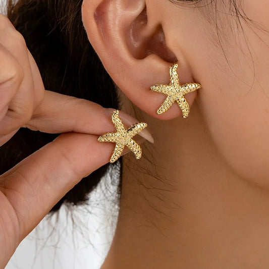 Vintage Starfish Simple Star Shell Gold Color Stud Earrings