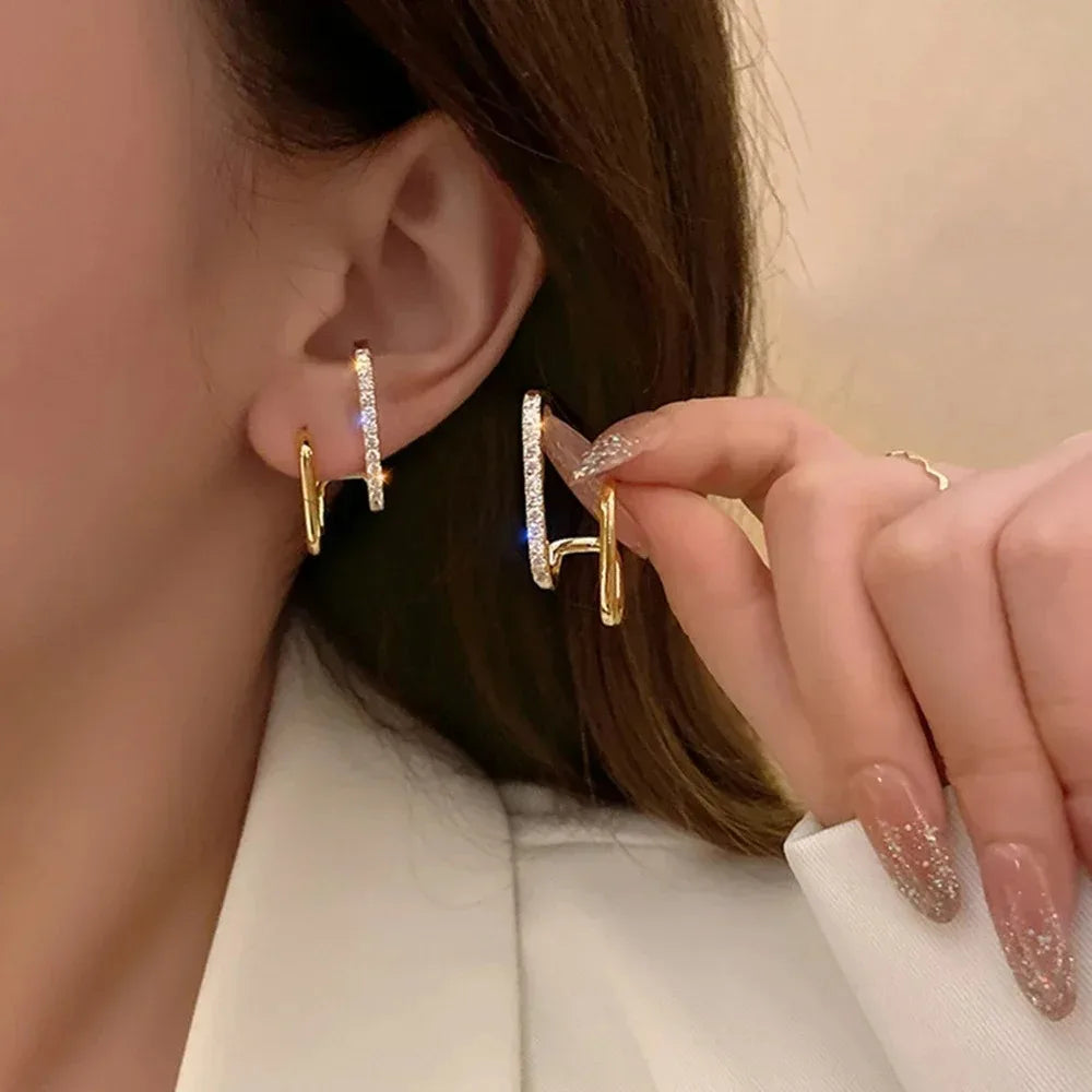 Irregular U-shaped Korean Luxury Crystal Gold Color Earrings