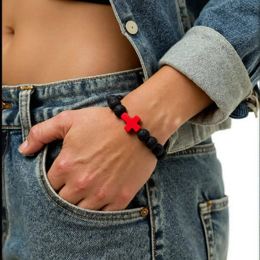 Handmade Natural Stone Cross Black Lava Beaded Strand Bracelet