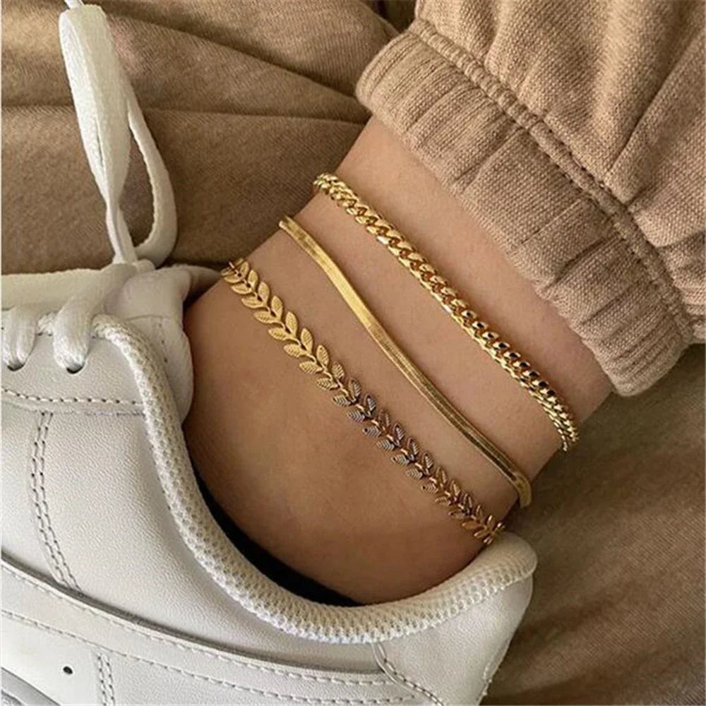 3pcs/set Gold Color Simple Chain Anklets