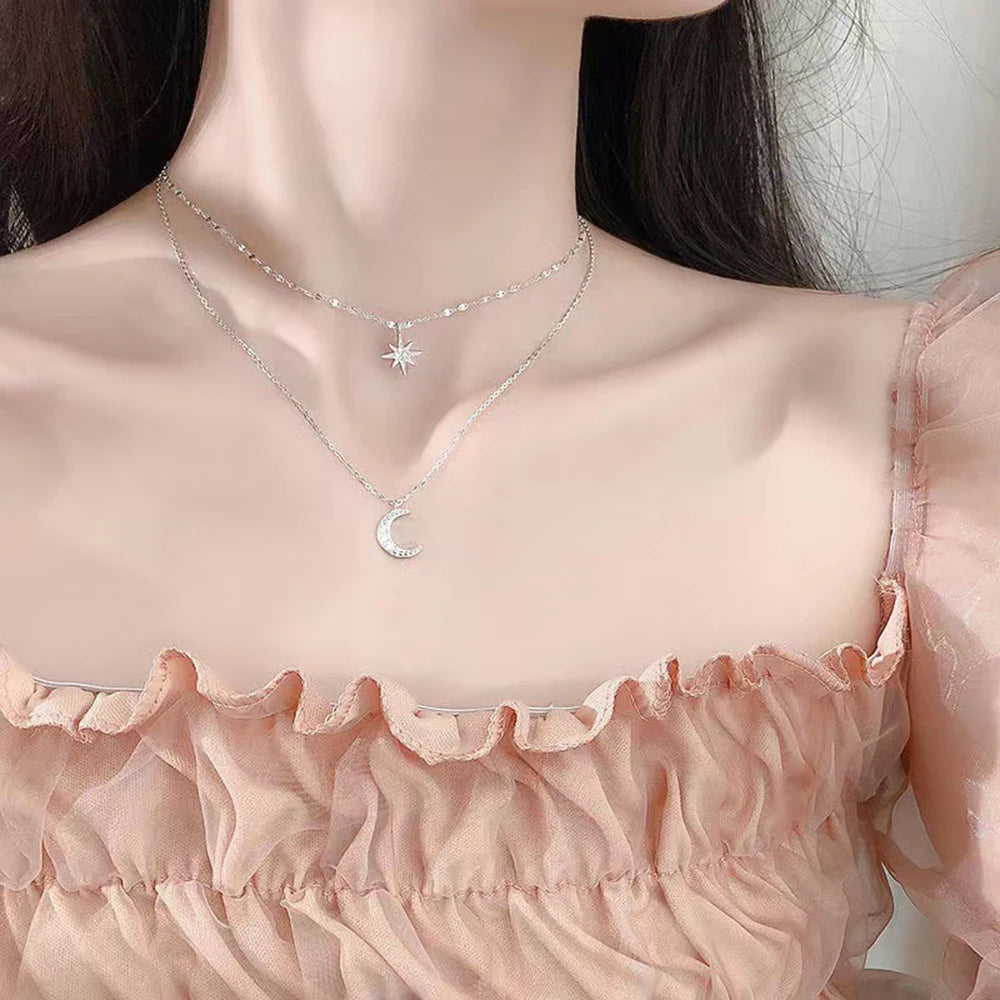 Simple Double Layer Star Moon Charm Necklace