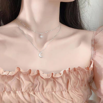 Simple Double Layer Star Moon Charm Necklace